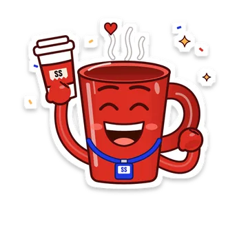 The Mug raising a red-sleeved takeaway cup