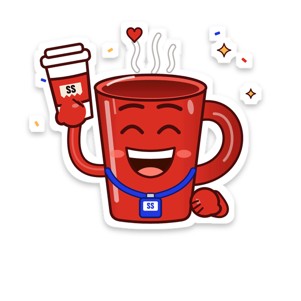 The Mug raising a red-sleeved takeaway cup