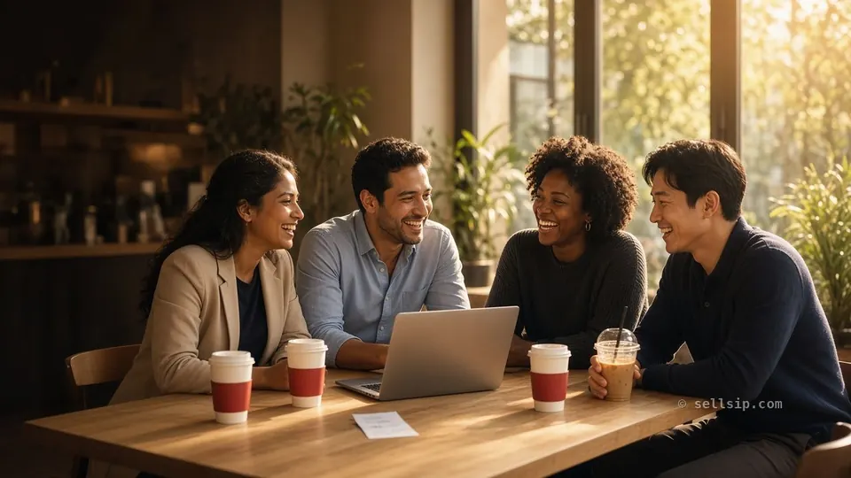 Four sellers in business-casual clothes laughing around a table at golden hour, each with a red-sleeved SellSip cup