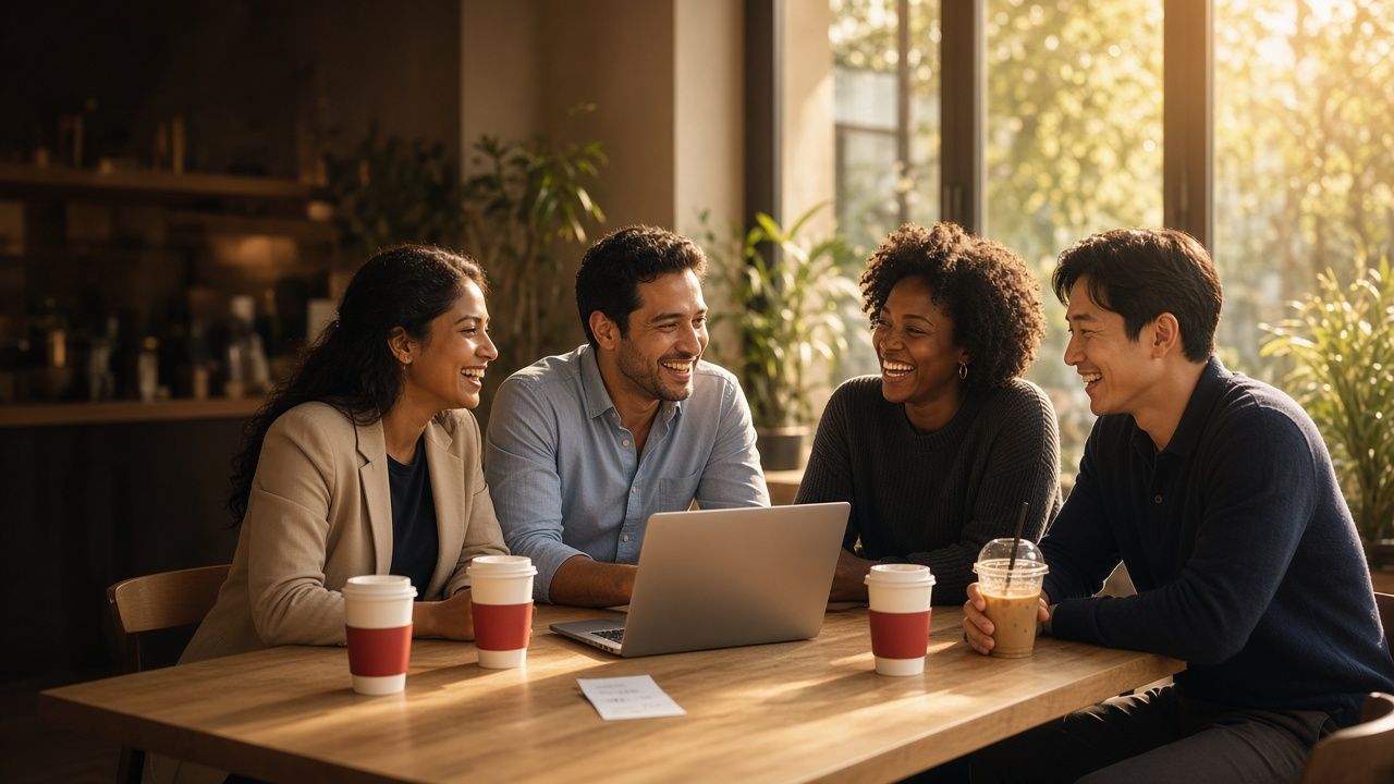 Four sellers in business-casual clothes laughing around a table at golden hour, each with a red-sleeved SellSip cup