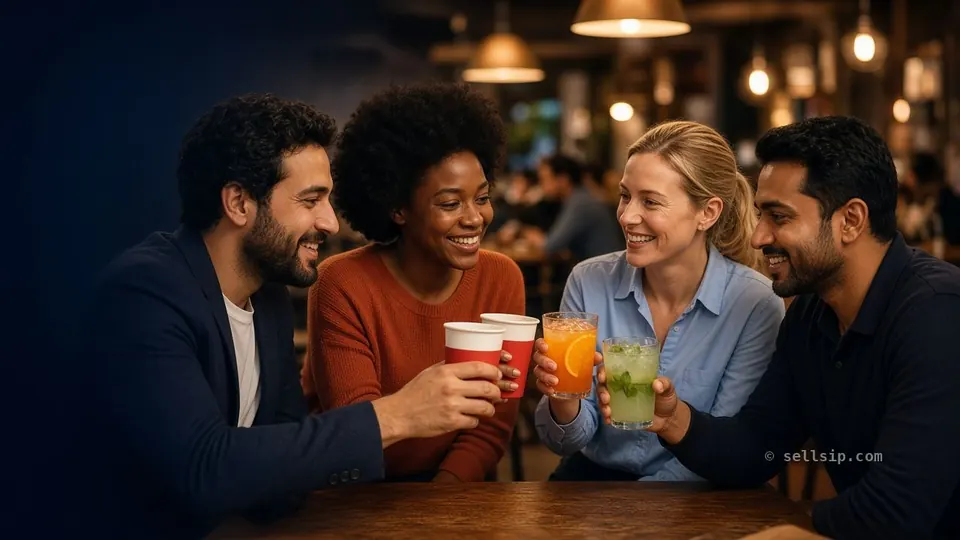 Four sellers celebrating a win together in warm evening light