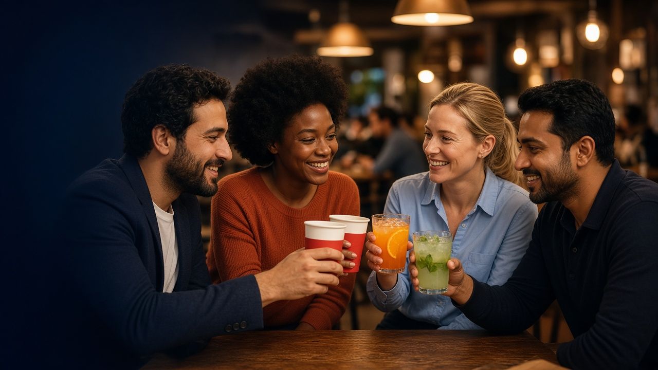 Four sellers celebrating a win together in warm evening light